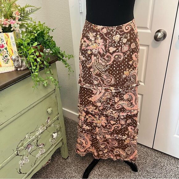 Anthropologie Tapemeasure 100%Linen Brown Pink Floral Paisley Ruffle Maxi Skirt - Picture 2 of 15